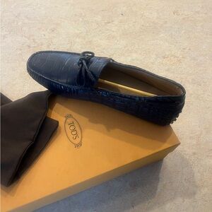 Tod's Navy Crocodile Pattern Loafers